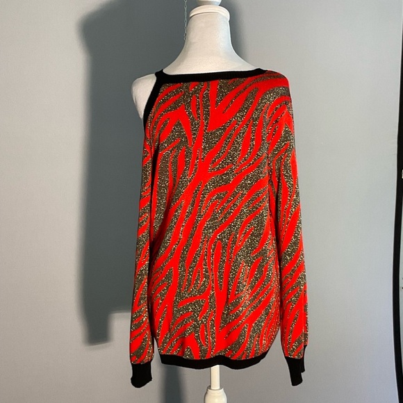 Willow Drive Red Black Silver Lg Holiday Sweater with an Asymmetrical Neckline - Picture 2 of 16